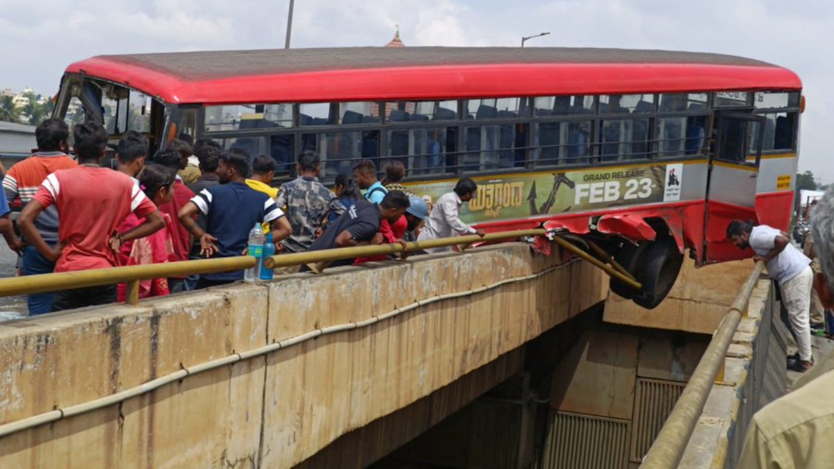 Bengaluru: KSRTC Bus Losses Control, Hangs Off 40-Feet Flyover To Save Car Crash [Video]
